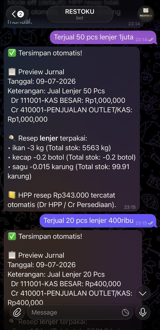 HPP resep tercatat otomatis per menu terjual lewat RESEPKU di RESTOKU Gudangku