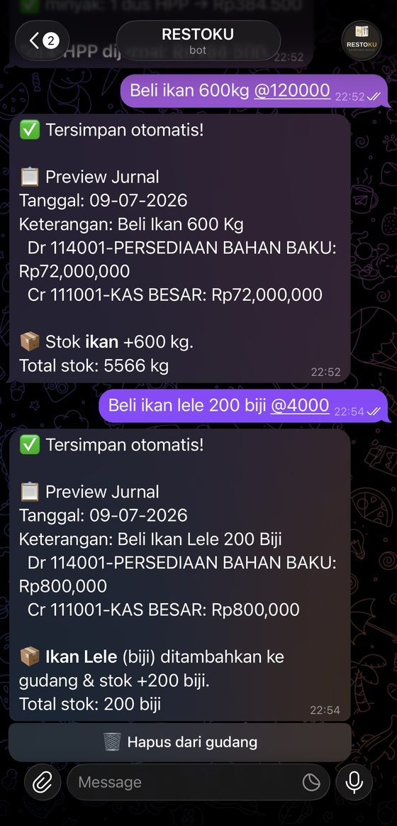 Stok bahan baku otomatis bertambah saat catat pembelian bahan di RESTOKU Gudangku