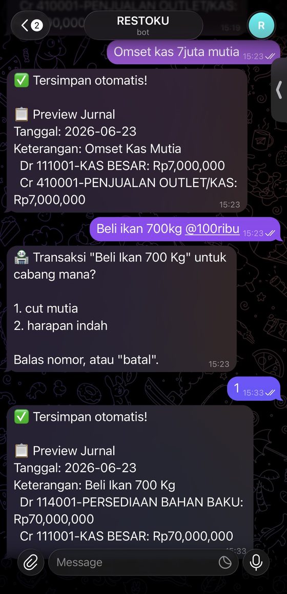 Contoh pencatatan transaksi restoran di RESTOKU — ketik bebas, langsung tercatat otomatis